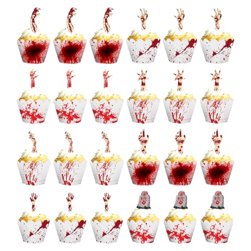 WUSJCOF 48 Stück Halloween Cupcake Topper und Wrapper Set Grusel Horror Kuchendeko für Muffins Papier Muffinförmchen für Kuchen Tortendeko Party Essen von WUSJCOF