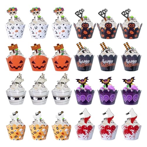 WUSJCOF 48 Teiliges Halloween Kuchendeko Set Muffin Cupcake Wrapper und Topper für Kuchen Deko Backen Zubehör für Kinder Motto Party von WUSJCOF