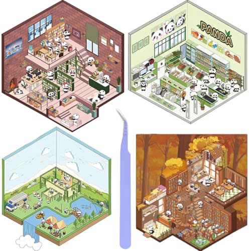WUSJCOF 4Pcs DIY 3D House Stickers, 3D Miniatur Haus Sticker, DIY-Aufkleber, Sticker Scenes Selbermachen für Supermarkt, Café, Restaurant (für Erwachsene und Kinder) von WUSJCOF