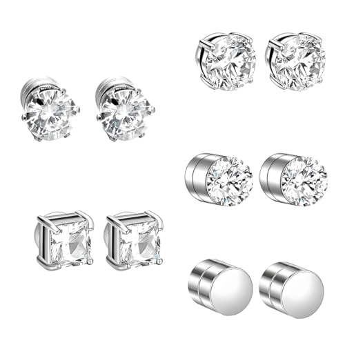 WUSJCOF 5 Paare Magnetische Ohrringe Kein Piercing, Nicht DurchbWUSJCOFd, Ohrringe Herren Damen Set, Rund/Quadratisch (Silber) von WUSJCOF