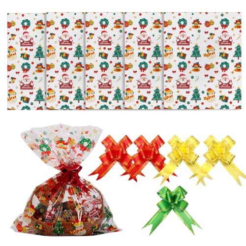 WUSJCOF 5 Stück Extra Groß Geschenkfolie Cellophantüten mit Zugschleifen für Kunsthandwerk, Blumen, Leckerli Wrap, Geschenkkörbe (61x76cm) (Weihnachtsstil) von WUSJCOF