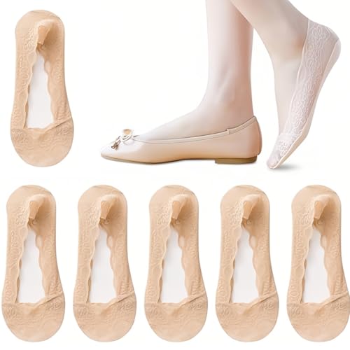 WUSJCOF 6 Paar Füßlinge Damen Unsichtbar, Rutschfeste Ballerina Socken Atmungsaktiv, Spitze Söckchen Baumwolle für Sommerschuhe von WUSJCOF