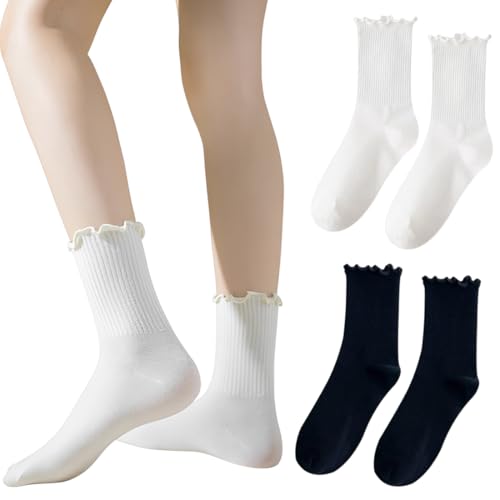 WUSJCOF 6 Paar Trachtensocken Damen Dirndl Socken mit Rüschen Söckchen in Weiß und Schwarz als Zubehör für Loafer Mädchen von WUSJCOF