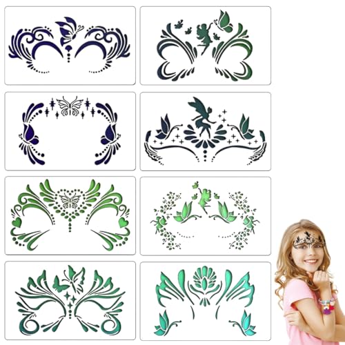 WUSJCOF 8 Blatt Wiederverwendbare Tattoo Schablone Gesichtsfarbe Schablonen Kit,Tattoo Design Werkzeuge für Gesicht und Körper,für Kinder und Erwachsene,Party,Fasching,Weihnachten,Halloween von WUSJCOF
