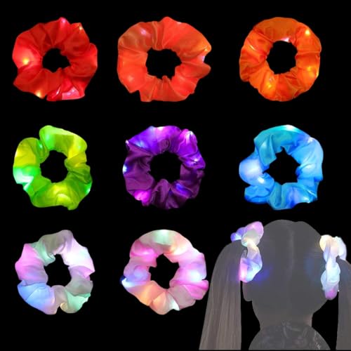 WUSJCOF 8 Stück Leuchtende Haargummis, LED Haarbänder mit 3 Licht Modi, Elastische Dunkeln Haargummi Scrunchie für Frauen, Mädchen Haarschmuck, Neujahr Party, Karneval, Kostümpartys von WUSJCOF