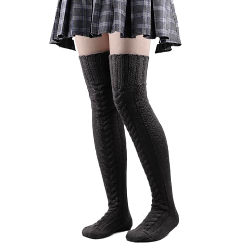 WUSJCOF Damen Strümpfe Strick Overknee Socken Dicke Warme Überknie Kniestrümpfe Trachtenstrümpfe Grobstrick Wintersocken Thermosocken Lange Weihnachtssocken Kuschelsocken für Frauen (Schwarz) von WUSJCOF