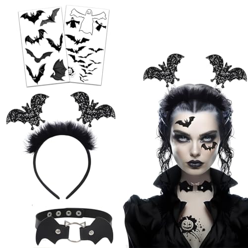 WUSJCOF Fledermaus Kostüm Damen Accessoires Set mit Haarreif Halskette und Tattoo für Halloween Fasching Karneval Gothic Vampir von WUSJCOF