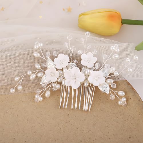 WUSJCOF Haarschmuck Hochzeit Haarkamm Silber Braut Haarschmuck Perlen Blumen Haarschmuck Kommunion Mädchen Kopfschmuck für Frauen von WUSJCOF
