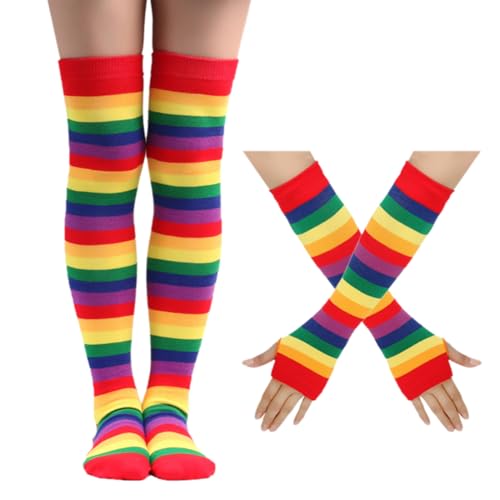 WUSJCOF Kniestrümpfe & Handschuhe Set Ideal für Karneval, Halloween & Fasching (Overknee) (Bunte Regenbogen) von WUSJCOF