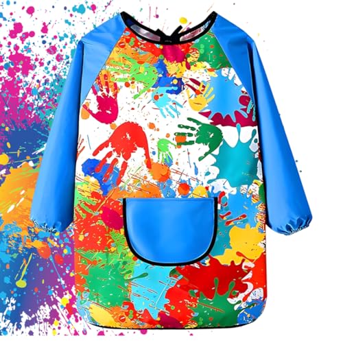 WUSJCOF Malkittel Kinder 7-11 Jahre Mädchen Junge Wasserdicht Malschürze Schule Malerkittel mit Ärmeln und Taschen für Kunst Malerei Basteln Kochen (Blau) von WUSJCOF