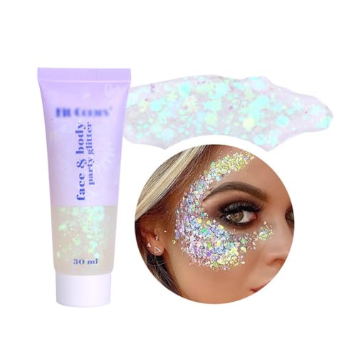 WUSJCOF Meerjungfrau Glitzer Gel Silber, Chunky Glitter Gel für Gesicht Haare Lippen Nägel, Funkelnde Pailletten Körperglitzer, Glitter Lidschatten Body Lotion für Festival Karneval Kostüm Make-up von WUSJCOF
