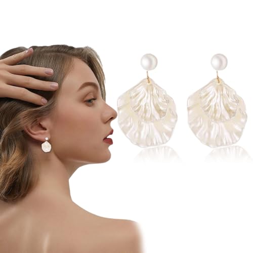 WUSJCOF Muschel Ohrringe Damen Jakobsmuschel Perlen Ohrstecker, Vintage Boho Ohrringe, Meerjungfrau Schmuck, Weiße Perlmutt Muschel Ohrringe Für Frauen Und Mädchen von WUSJCOF