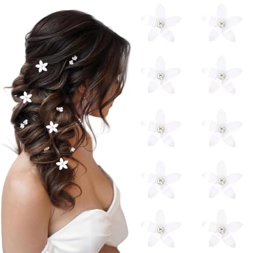 WUSJCOF Weiße Blumen-Haarspangen 10 Stück - Haarschmuck Hochzeit & Kommunion für Mädchen, Mini Haarspangen mit Strass, dekorative Haarspange für Brautfrisuren von WUSJCOF