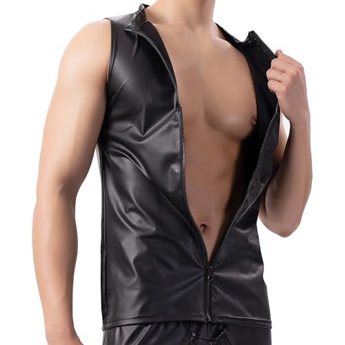 Latex ähnliches Herren Top Oberteil Latex Shirts Herren Tops Herren Latex T-Shirt Männer Sexy Mattes Leder Ärmellose Westen Herren Wetlook Body Leder Shirts Lack Leder Latex Shirts & Tops für Männer von WUUDOA