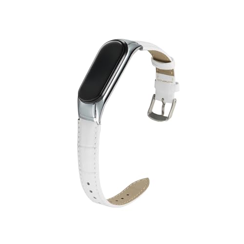 Passend for Xiaomi Mi Band 8 7 6 5 4 3 Lederband Edelstahlgehäuse Ersetzen Sie das Band Schutzhülle (Color : White, Size : For Mi Band 8) von WUURAA