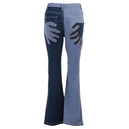 WUURAA Frauen Vintage Flare Bottom Jeans Harajuku Asymmetrische Nähte Farbe Hosen Hand Für Palme Applikation Patchwork Dünne Hosen Streetwear Hosen Für Frauen von WUURAA