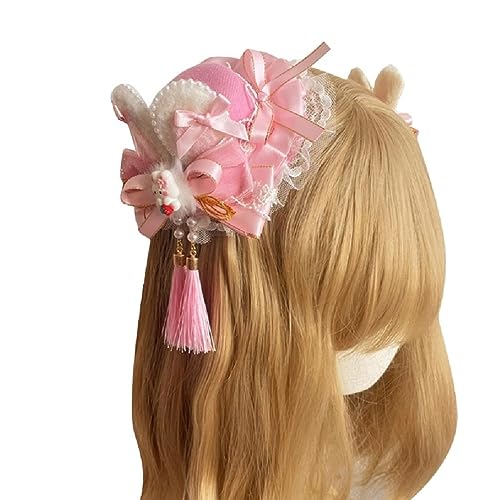 WUURAA Haarspange für Mädchen, zartes Mini-Zylinder, Neujahrskostüm, pelzige Hasenohren, Stirnband mit Spitzenband, rosa Hut von WUURAA