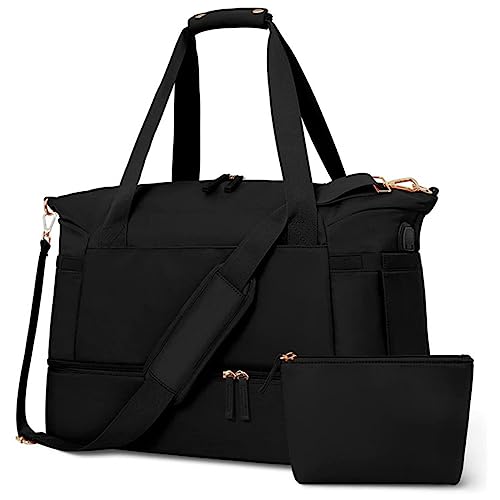 WUURAA Turnbeutel mit Nassfach Schuhfach Reise DuffelBag für Flugzeug Sport Gym Schwimmen Yoga Wasserdicht Weekender Bag, Schwarz von WUURAA