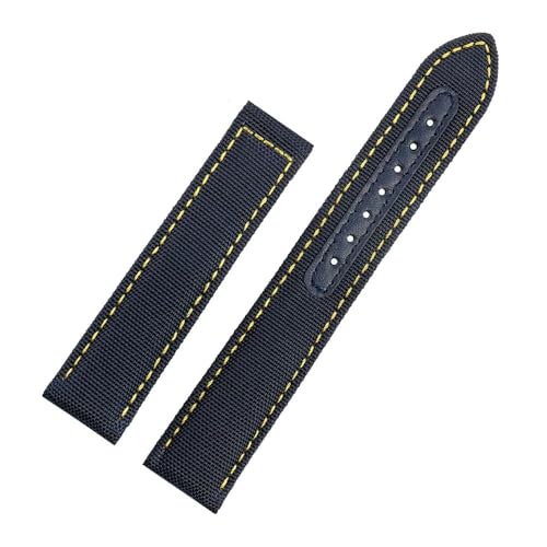 WUWMTUTCK Nylon Canvas Lea/ther Bottom Uhrenarmband 19 20mm Blau Schwarz Weiß Gelbe Linien Herrenarmband Passend for Omega Passend for Seamaster AT150(Blue yellow-NO BK,20mm) von WUWMTUTCK