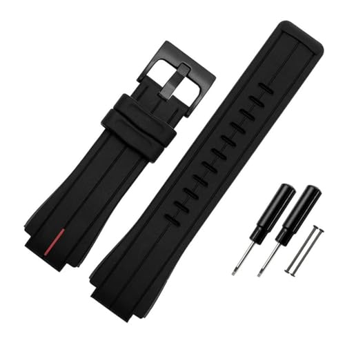 WUWMTUTCK Silikonkautschuk-Uhrenarmband, 24 x 16 mm, konvexes Gelenk, Schwarz, Rot, Orange, Weiß, Blaue Linien, Herrenarmband, passend for Timex T2N720, T2N721, T2N739(Black red-B pin) von WUWMTUTCK