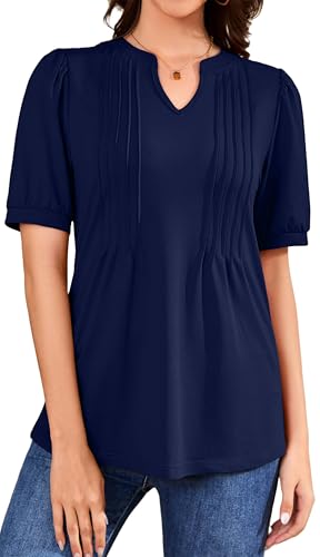 WUWUSKY Bluse Damen Tunika Sommer Longshirt Kurzarm Blusen Longbluse Lässig Blusenshirt Sommerbluse Longtunika Blusen Tops,Marineblau,L von WUWUSKY