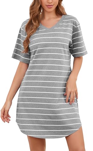 WUWUSKY Damen Kurzarm-Nachtkleid aus 95% Baumwolle | Streifen Schlafshirt Negligée mit 2 Taschen | Bequeme Kurzarm-Nachtwäsche,Light Grey,XXL von WUWUSKY