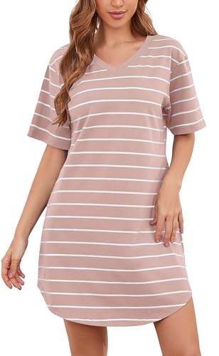 WUWUSKY Damen Kurzarm-Nachtkleid aus 95% Baumwolle | Streifen Schlafshirt Negligée mit 2 Taschen | Bequeme Kurzarm-Nachtwäsche,Light Pink,XXL von WUWUSKY