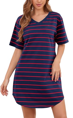 WUWUSKY Damen Kurzarm-Nachtkleid aus 95% Baumwolle | Streifen Schlafshirt Negligée mit 2 Taschen | Bequeme Kurzarm-Nachtwäsche,Navy Blue/Red,M von WUWUSKY