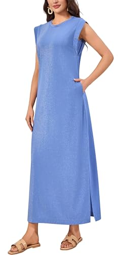 WUWUSKY Damen Maxikleid ärmellos mit Rundhals und Seitenschlitz – Elegantes lässiges Kleid mit Zwei Taschen,Sternblitz-Hellblau,M von WUWUSKY