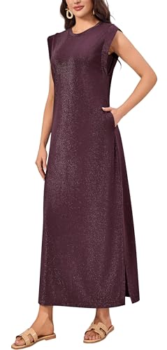 WUWUSKY Damen Maxikleid ärmellos mit Rundhals und Seitenschlitz – Elegantes lässiges Kleid mit Zwei Taschen,Sternblitz-Weinrot,S von WUWUSKY