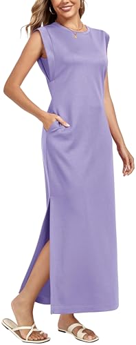 WUWUSKY Damen Maxikleid ärmellos mit Rundhals und Seitenschlitz – Elegantes lässiges Kleid mit Zwei Taschen,Hellviolett,XL von WUWUSKY