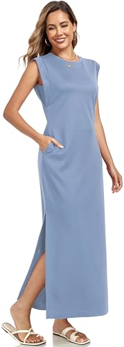 WUWUSKY Damen Maxikleid ärmellos mit Rundhals und Seitenschlitz – Elegantes lässiges Kleid mit Zwei Taschen,Light Blue,S von WUWUSKY