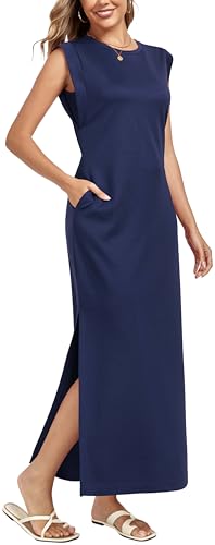 WUWUSKY Damen Maxikleid ärmellos mit Rundhals und Seitenschlitz – Elegantes lässiges Kleid mit Zwei Taschen,Marineblau,XL von WUWUSKY