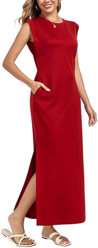 WUWUSKY Damen Maxikleid ärmellos mit Rundhals und Seitenschlitz – Elegantes lässiges Kleid mit Zwei Taschen,Rotwein,M von WUWUSKY