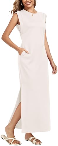 WUWUSKY Damen Maxikleid ärmellos mit Rundhals und Seitenschlitz – Elegantes lässiges Kleid mit Zwei Taschen,Weiß,M von WUWUSKY