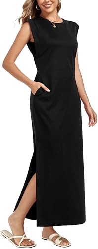WUWUSKY Damen Maxikleid ärmellos mit Rundhals und Seitenschlitz – Elegantes lässiges Kleid mit Zwei Taschen,schwarz,M von WUWUSKY