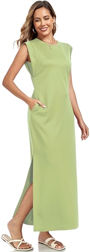 WUWUSKY Damen Maxikleid ärmellos mit Rundhals und Seitenschlitz – Elegantes lässiges Kleid mit Zwei Taschen,Army Green,XL von WUWUSKY