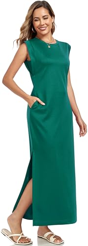 WUWUSKY Damen Maxikleid ärmellos mit Rundhals und Seitenschlitz – Elegantes lässiges Kleid mit Zwei Taschen,Dark Green,M von WUWUSKY