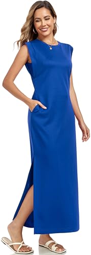 WUWUSKY Damen Maxikleid ärmellos mit Rundhals und Seitenschlitz – Elegantes lässiges Kleid mit Zwei Taschen,Royal Blue,XL von WUWUSKY