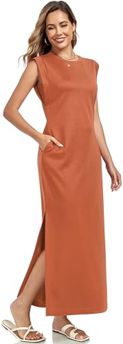 WUWUSKY Damen Maxikleid ärmellos mit Rundhals und Seitenschlitz – Elegantes lässiges Kleid mit Zwei Taschen,Brick Yellow,XXL von WUWUSKY