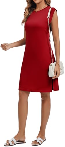WUWUSKY Damen Midikleid ärmellos mit Rundhals und Seitenschlitz–Elegantes lässiges Kleid mit Zwei Taschen,Rotwein,XXL von WUWUSKY