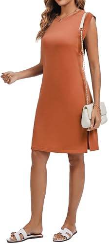 WUWUSKY Damen Midikleid ärmellos mit Rundhals und Seitenschlitz–Elegantes lässiges Kleid mit Zwei Taschen,Ziegel Gelb,L von WUWUSKY