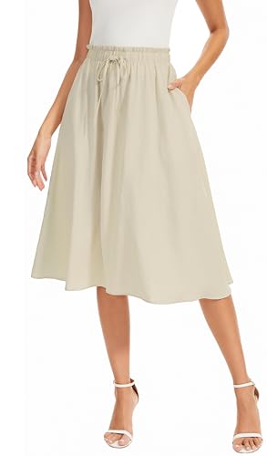 WUWUSKY Damen Rock Sommer Midi Langer Swing-Röcke A-Linie Midiskirt mit Taschen,Aprikose,M von WUWUSKY