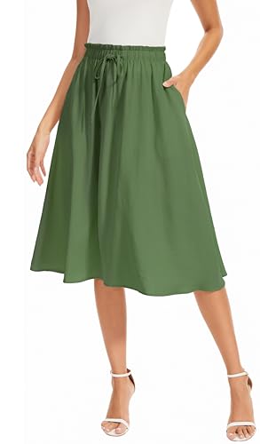 WUWUSKY Damen Rock Sommer Midi Langer Swing-Röcke A-Linie Midiskirt mit Taschen,Armee Grün,L von WUWUSKY