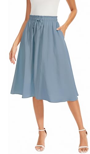 WUWUSKY Damen Rock Sommer Midi Langer Swing-Röcke A-Linie Midiskirt mit Taschen,Blau Grau,XXL von WUWUSKY