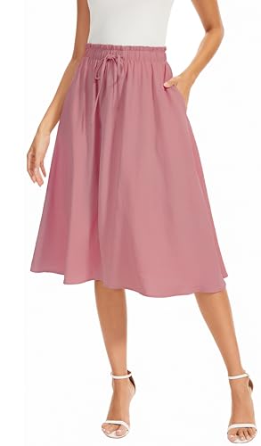 WUWUSKY Damen Rock Sommer Midi Langer Swing-Röcke A-Linie Midiskirt mit Taschen,Ziegel Rot,L von WUWUSKY