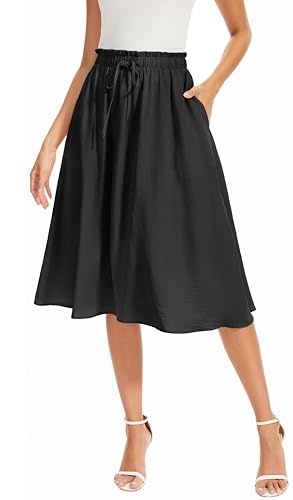 WUWUSKY Damen Rock Sommer Midi Langer Swing-Röcke A-Linie Midiskirt mit Taschen Rock schwarz Sommerrock Damen Knielang,Schwarz,M von WUWUSKY