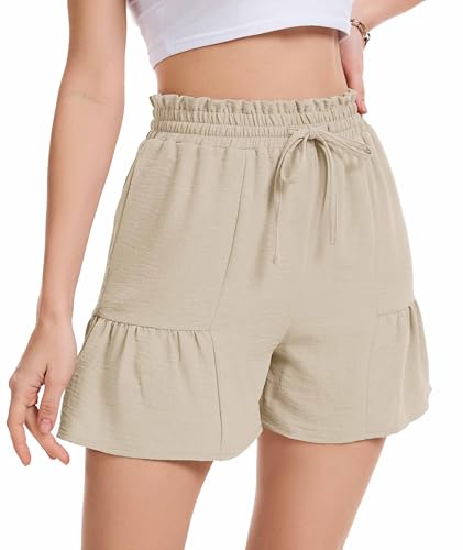WUWUSKY Leicht Kurze Hose Damen Sommer High Waist Musselin Bermuda Shorts Mit Taschen,Aprikose,XXL von WUWUSKY