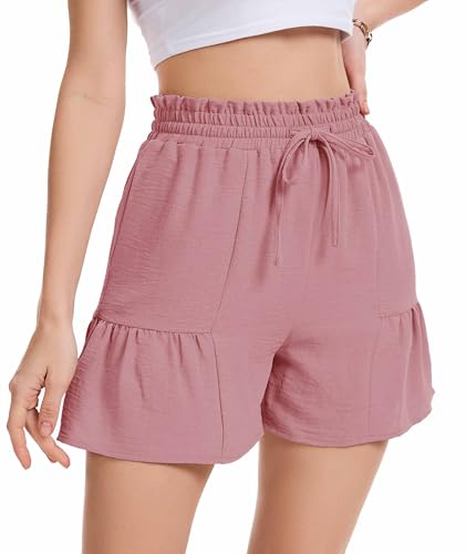 WUWUSKY Leicht Kurze Hose Damen Sommer High Waist Musselin Bermuda Shorts Mit Taschen,Brick Red,M von WUWUSKY