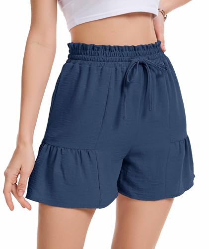 WUWUSKY Leicht Kurze Hose Damen Sommer High Waist Musselin Bermuda Shorts Mit Taschen,Dunkelblau,M von WUWUSKY